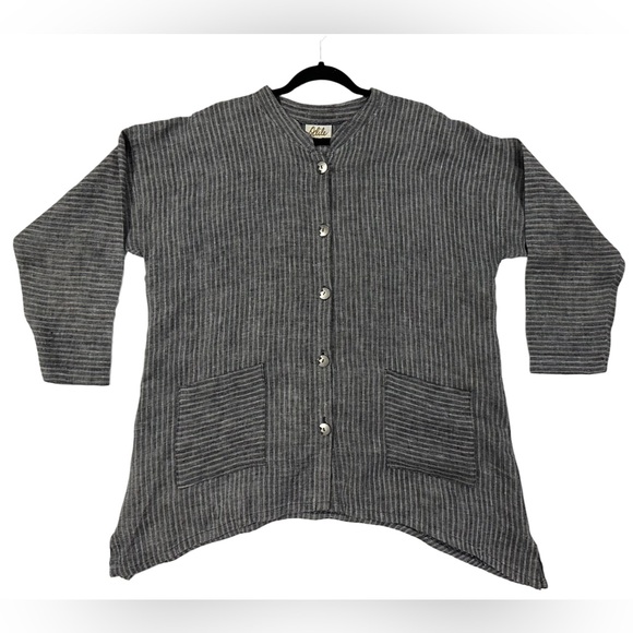 Odile 100% Linen Ribbed Button Front Tunic Top Large Gray Lagenlook Pockets - Picture 3 of 7